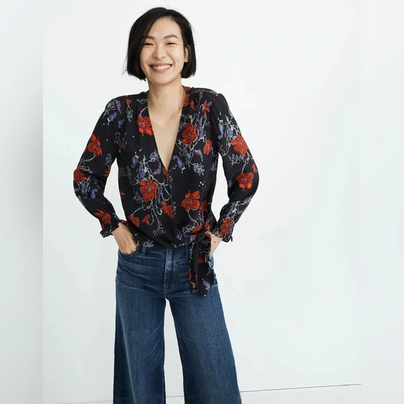 Madewell  Silk Smocked-Sleeve Wrap Top Floral - Picture 1 of 11